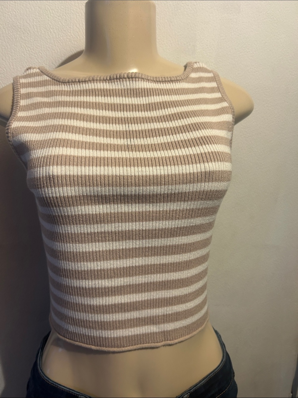 Striped Sleeveless Knit Tank Top - Cream and Tan
